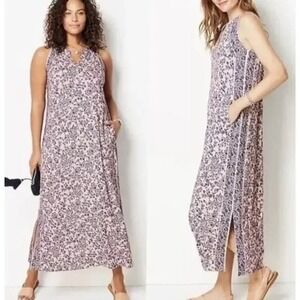 J JILL Womens Sz‎ XS Island Breeze Pink and Blue Stretch Floral Maxi Dress Slits